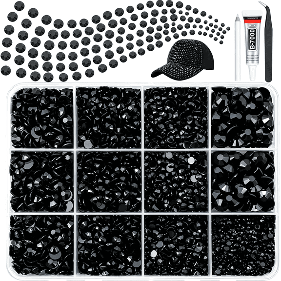BZCOE 12000Pcs Pure Black Resin Flatback Rhinestones W Glue for Bedazzling|2Mm-6Mm Flatback Jelly Bedazzled Gems Diamonds Sotnes Bedazzler Kit for Nails Face Eyes Makeup Tumblers Diy Crafting