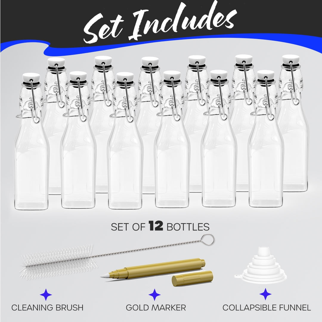 Nevlers 8.5 oz Square Swing Top Glass Bottles (Pack of 12) | Includes Funnel, Brush and Marker