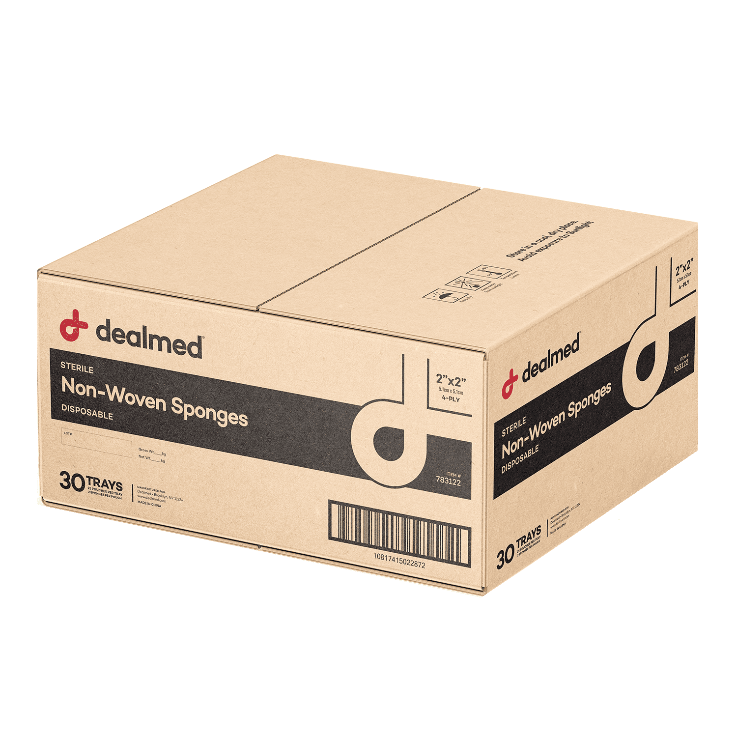 Dealmed 2" x 2" Premium Non-Woven Sponges, 4-Ply Absorbent Gauze Pads for First Aid Kits and Medical Facilities, Sterile 2's, 25 Pouches/Box (Case of 30)