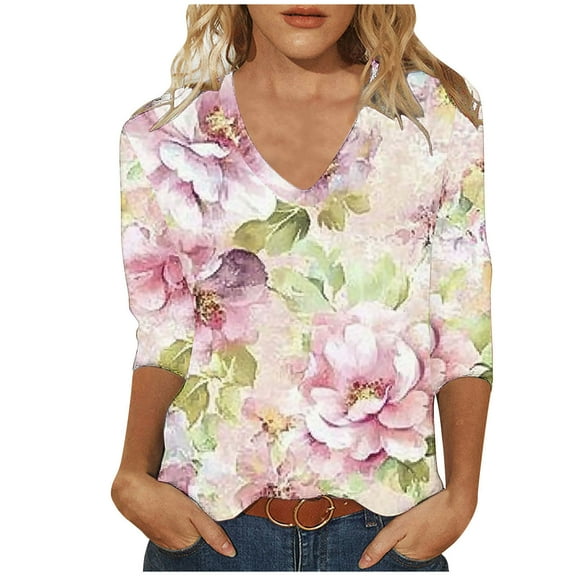 Spring T Shirts for Women Tops Trendy Spring 3/4 Sleeve Womens Tops Womens Blouses Gifts