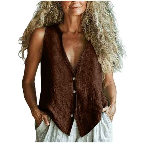 Staron Summer Women's Casual Linen Shirt V-Neck Short Sleeve Loose Blouse Vintage Fashion Button Down Top, Brown XL