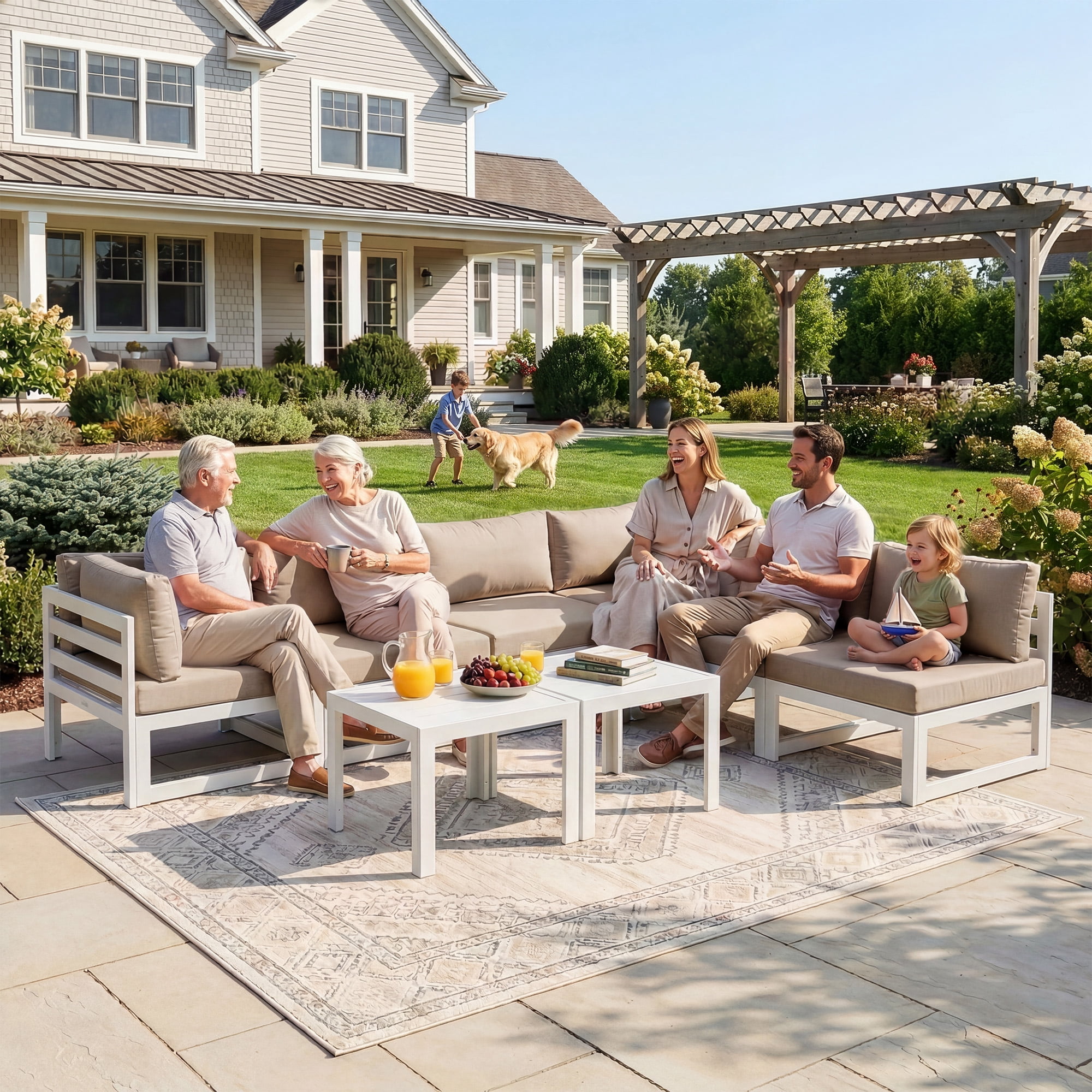 RADIATA Patio Aluminum Furniture Set with Oversized 29" Seats&Coffee Table, 8 Pieces Large Outdoor Modern Sectional Conversation Sofa Set with 4" Cushions for Backyard, Poolside, White&Beige