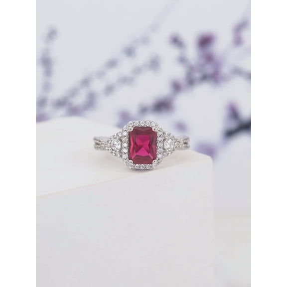 Diamond-Capitals 3.00 Carat Emerald Cut Red Ruby with Natural Diamond Beautiful Bridal Ring for Women Solid 14K White Gold Size 7