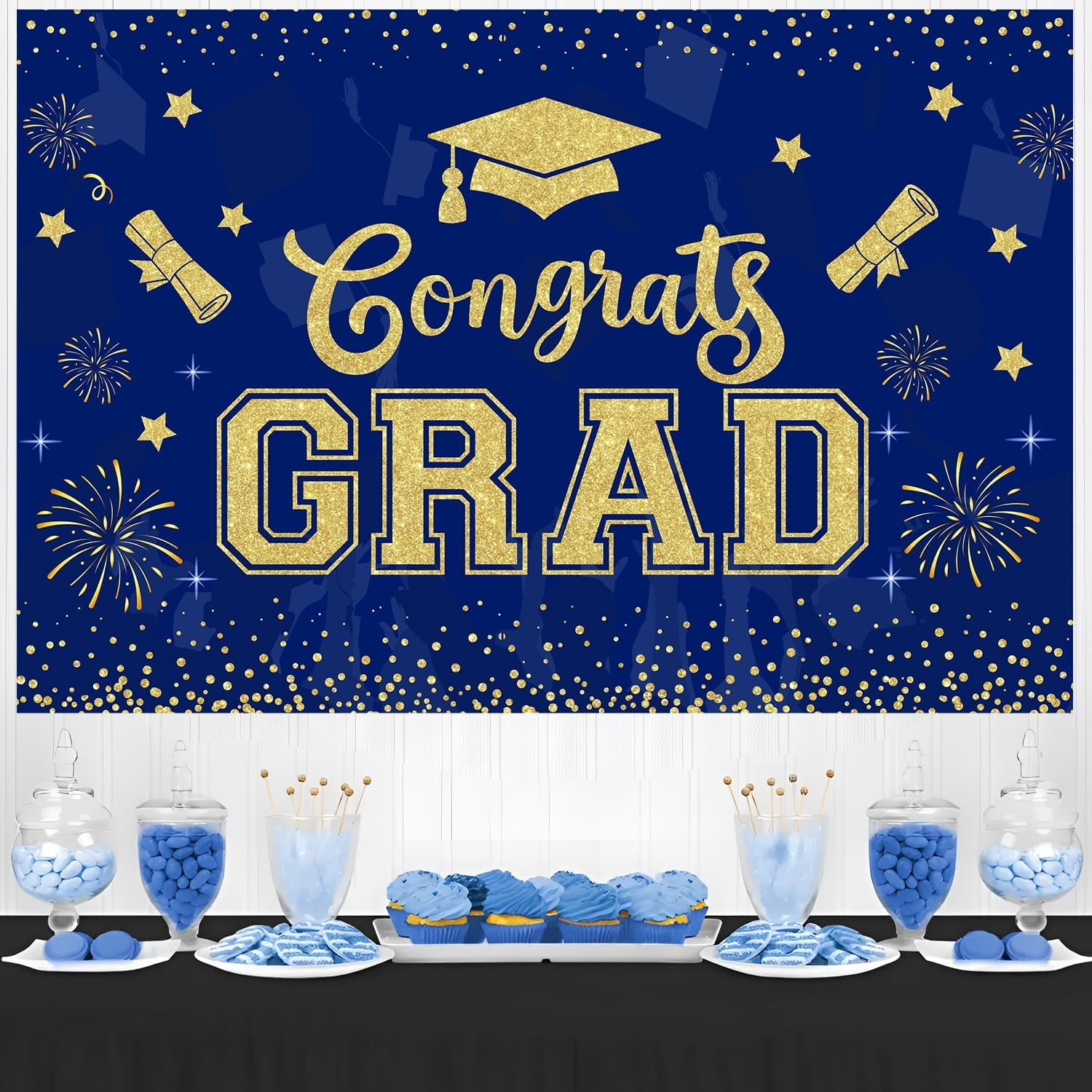5*3ft 2024 Golden Deep Blue Congrats Grad Graduation Backdrop Glitter Printed Bachelor Cap Photography Background Cloth Confetti Fireworks Little Star Printed Banner for Grad Congrats Prom Party Decor