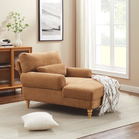 Condemo Modern Linen Fabric Indoor Chaise Lounge Chair for Bedroom, Living Room, Office, Light Curry