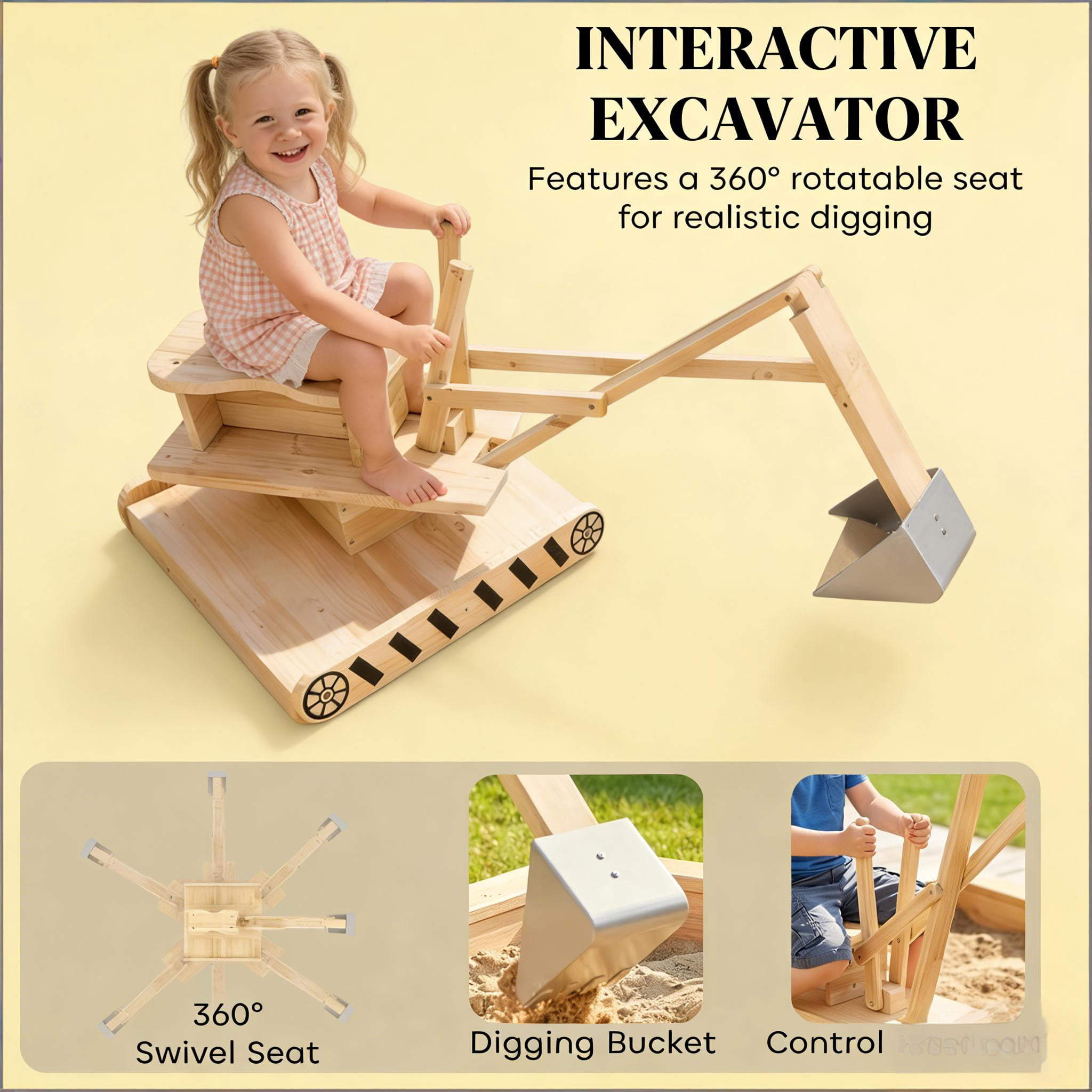 Kids Wooden Sandbox with 360° Rotating Digger, Large Fir Wood Sand Pit with Non-Woven Liner, Holds 440 Lbs Sand, Outdoor Play Construction Toy for Children Ages 3-6