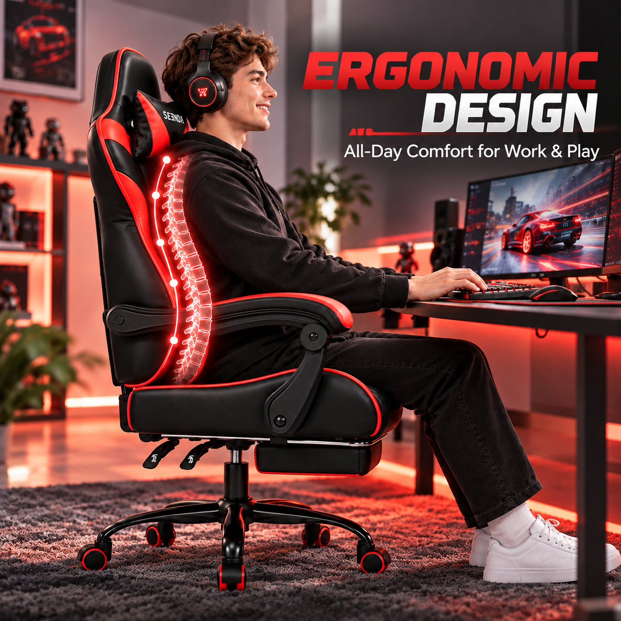 Seenda Gaming Chair with Footrest and Lumbar Support, Red photo 2