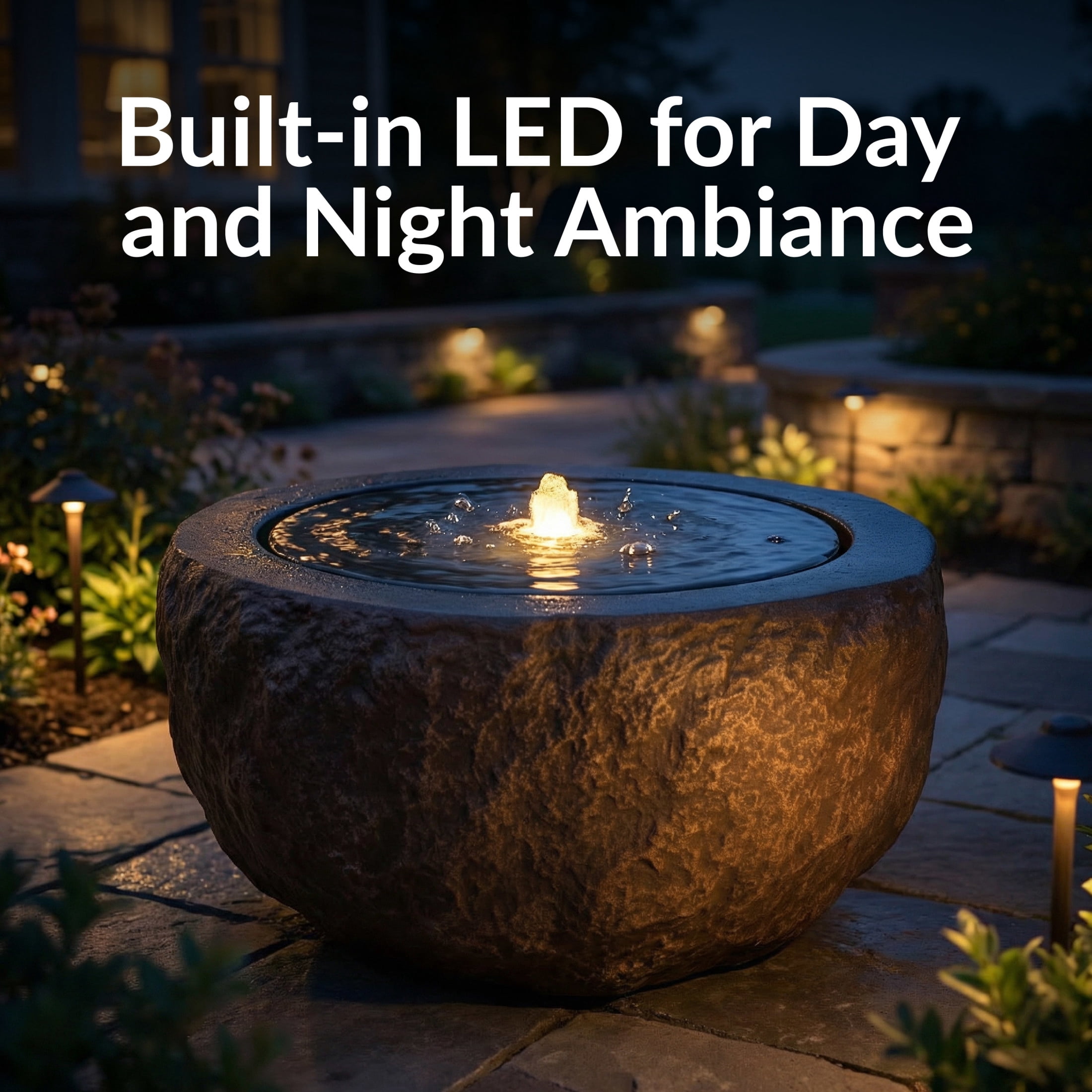 Sunnydaze Round Bowl Brown Outdoor Bubble Fountain, LED Light
