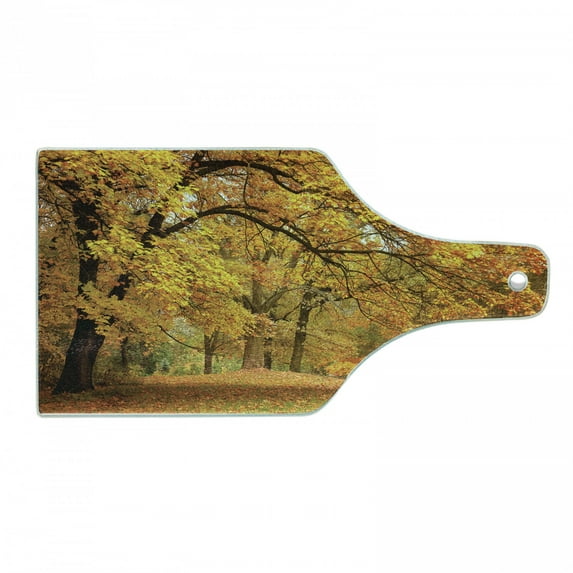 Forest Cutting Board, Warm Fall Scenery Pale Maple Leaves in the Woodland November Season Woodlands, Decorative Tempered Glass Cutting and Serving Board, Wine Bottle Shape, Orange Brown, by Ambesonne