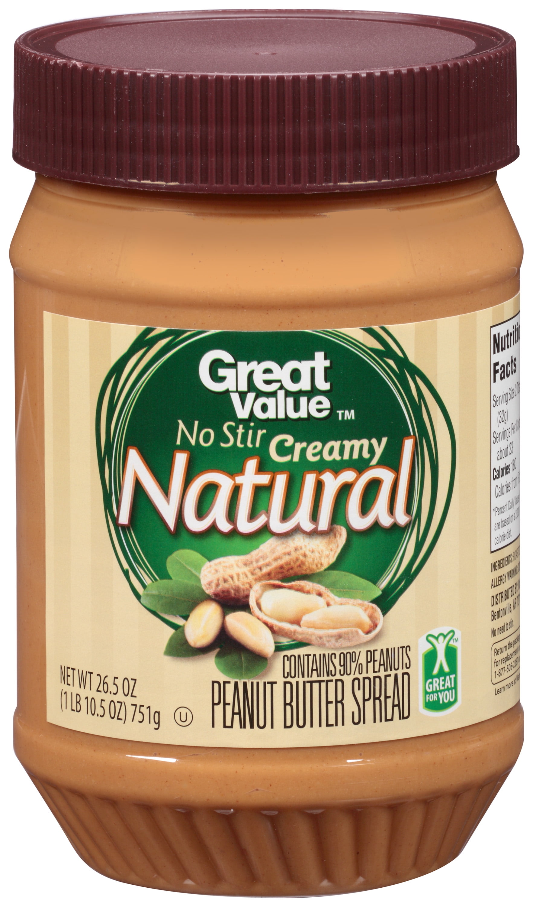 Great Value Natural No Stir Creamy Peanut Butter, 26.5 ounces