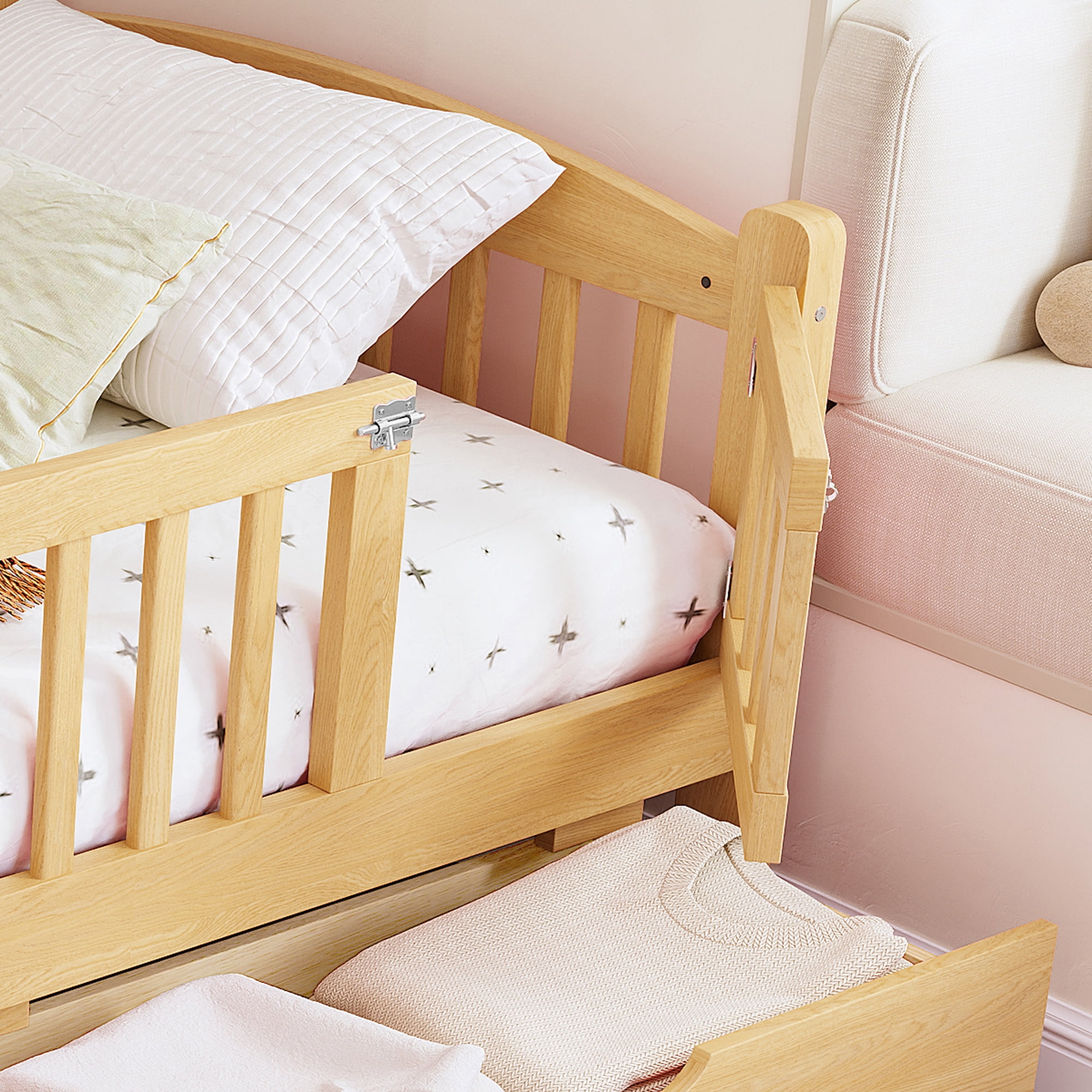 Miniyam Twin Platform Bed with Guardrails and Storage Drawers for Kids, Safe and Sturdy Bed for Children, Natural
