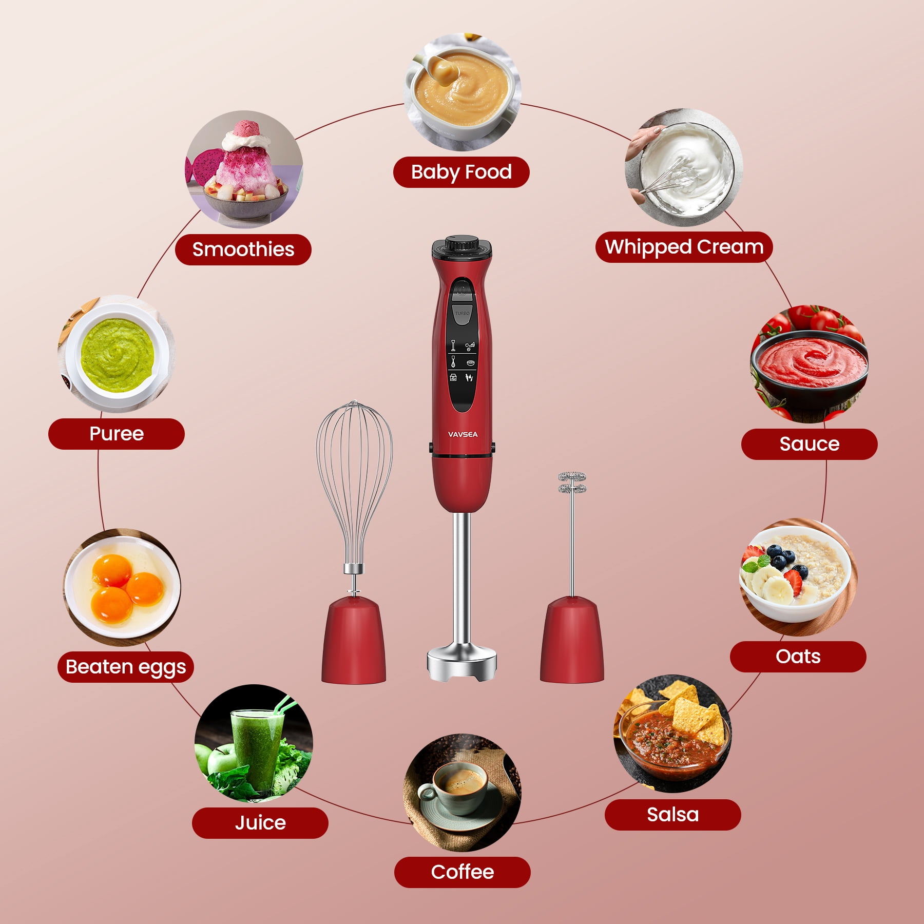 VAVSEA 24-Speed Immersion Blender, 5-in-1 Hand Blender, 1100W Handheld Stick Blender Mixer for Kitchen, Chopper, Beaker, Whisk, Milk Frother, for Baby Food Processor,Red