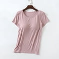 thumbnail image 2 of Feledorashia Women's Short Sleeve Tops with Built in Bra Solid Color Round Neck Casual Basic Shirt Womens Loose Fit Shirt with Built-In Cups Sports for Fitness Workout Running Yoga Tops,Pink M, 2 of 9