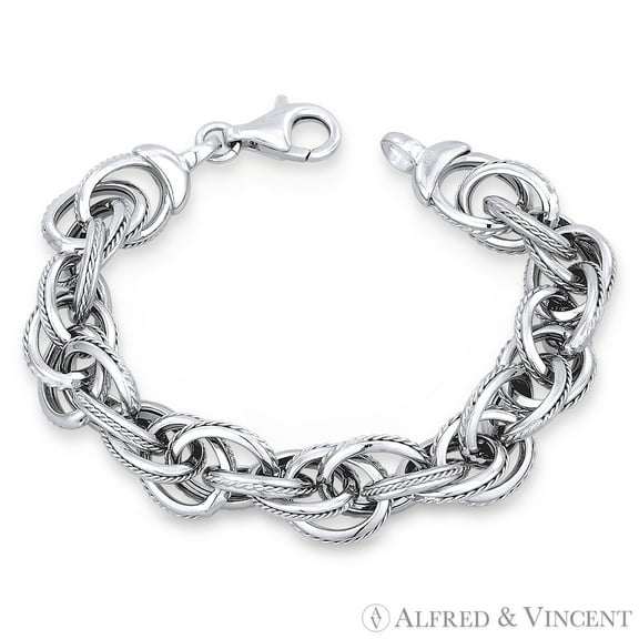 15x12mm Romy Cable Link w/ Twist-Rope-Detail Italian Chain Bracelet in .925 Sterling Silver w/ Rhodium