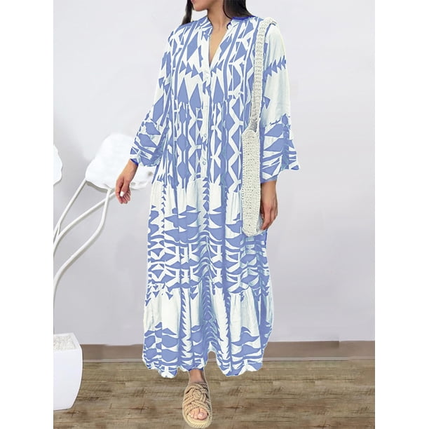 Arvbitana Women's Long Dress Long sleeve Geometric Print Bohe Dress V-neck  Button Loose Swing Dress Casual Flowy Dress S M L XL 2XL 3XL - Walmart  Business Supplies