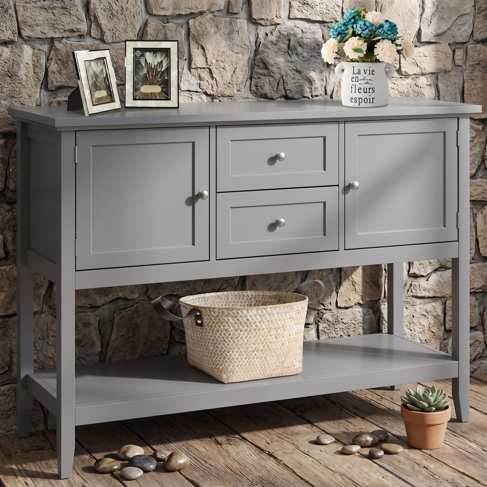 Furnibear Wooden Sideboard Buffet Console Table with 2 Cabinets and 2 Drawers and Open Shelf for Living Room and Kitchen, Gray