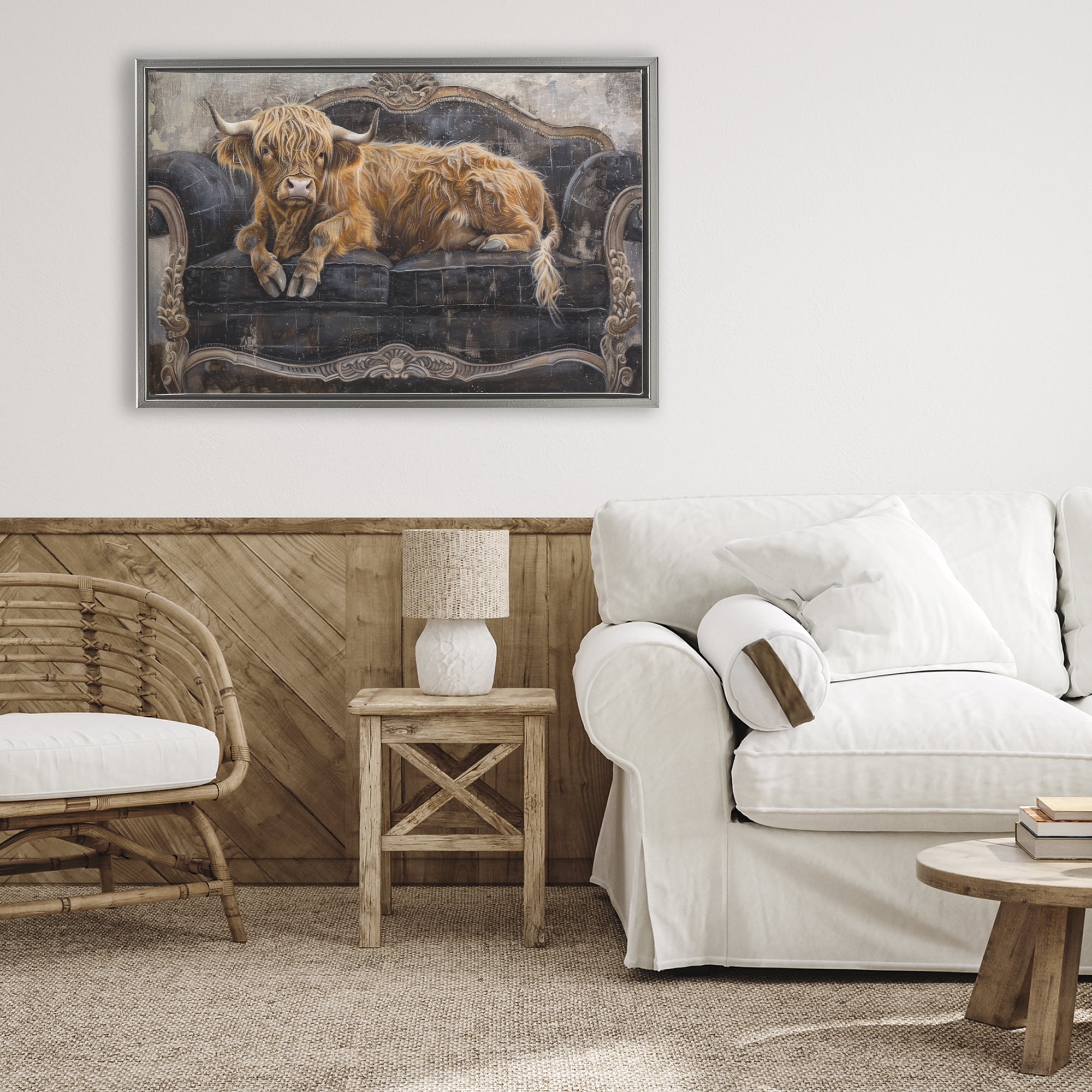 Stupell Industries Cozy Couch Highland Cow Gray Framed Floater Canvas Wall Art, design by Tina LeCour