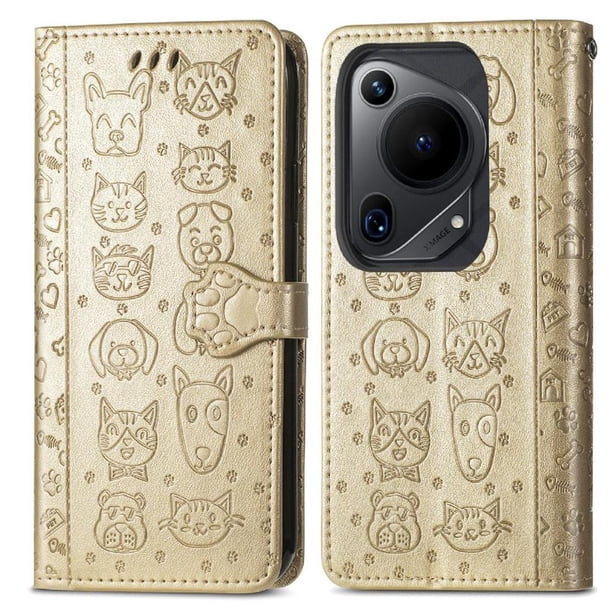 Funda Cartera FOXDOCK para Huawei Pura 70 Ultra , Flip PU con Relieve de Gatos y Perros, Tarjetero y Soporte