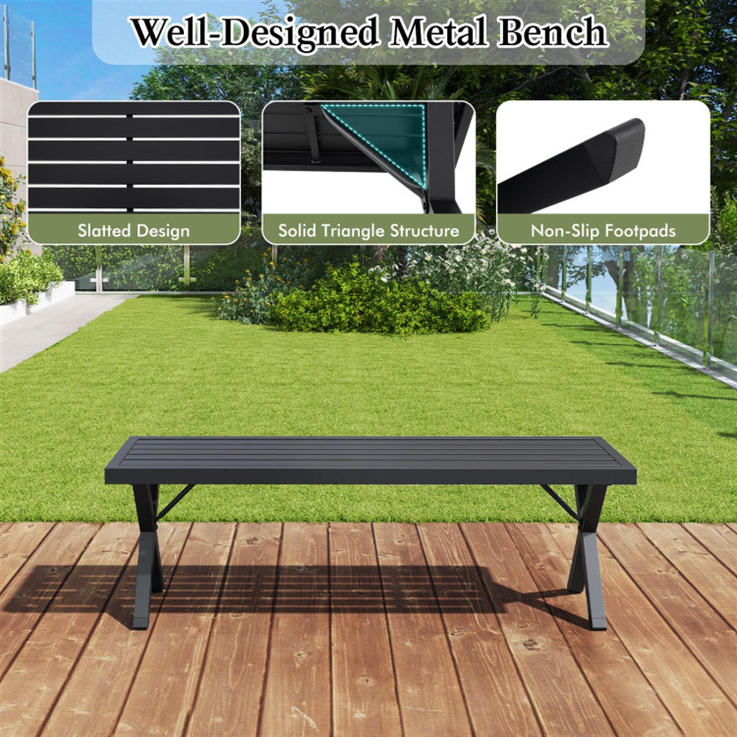 Demi Bonn Patio Metal Bench with Slatted Seat and X Legs, Outdoor Benches Accent Furniture for Yard, Garden, Black