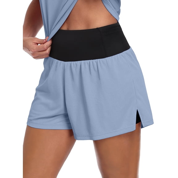 NELEUS Womens High Waist 2 in 1 Athletic Shorts for Running Workout Activewear Shorts with Multifunction Pockets,Blue,US Size L