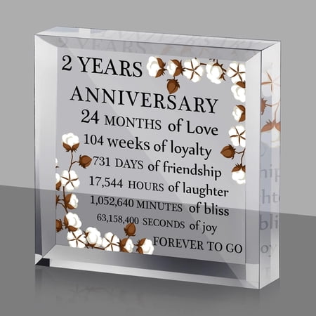 2 Years Anniversary Acrylic Gift for Him or Her Cotton Flower Drawing Print Acrylic Decor 2nd Anniversary Wedding Paperweight Second Year Marriage for Wife Husband Lover(Flower Style)
