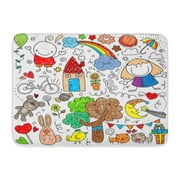 GODPOK Crayon Children Collection of Cute Children's Drawings Kids Animals Nature Objects Bunny Rainbow Rug Doormat Bath Mat 23.6x15.7 inch