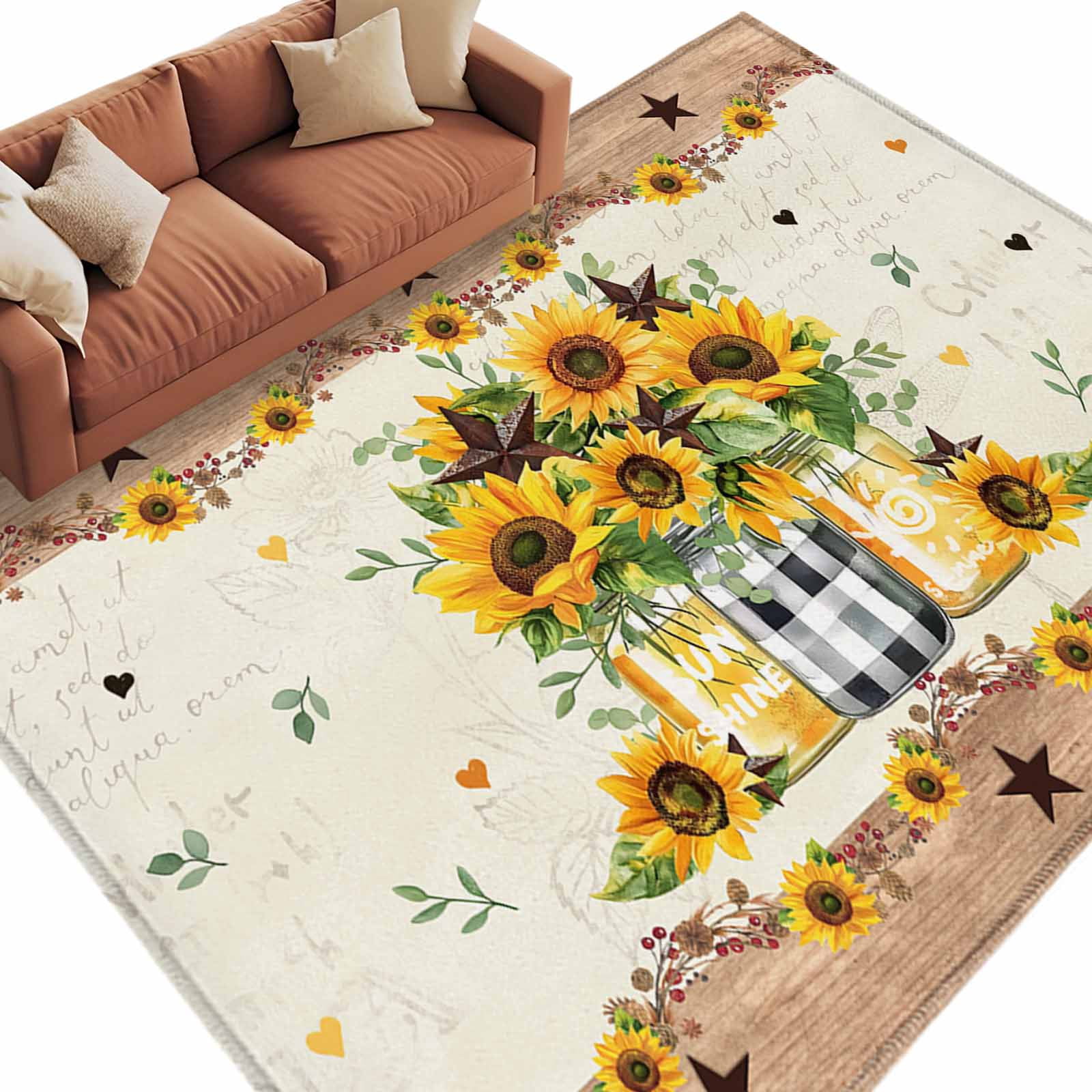 Sunflower Vintage 5x8 Area Rugs, Farmhouse Floral Botanical Brown Wooden Non-Skid Rubber Backing Large Rectangle Rugs - Living Room Bedroom Home Office, Indoor Floor Mat Carpets Washable Rug