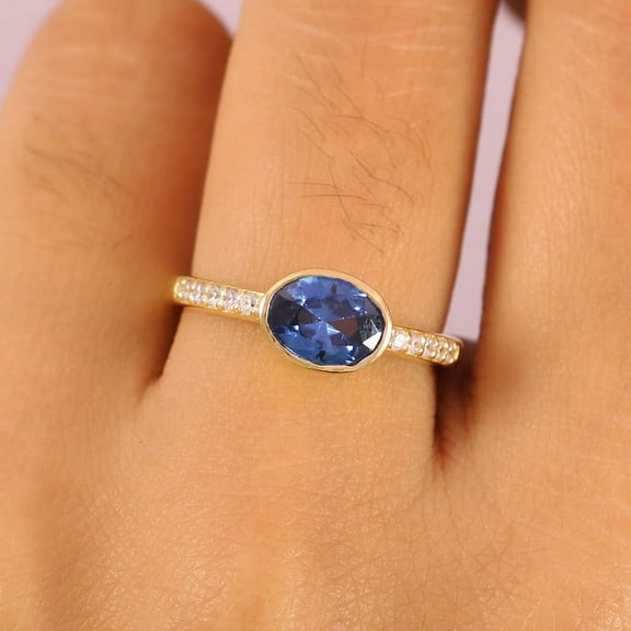 Oval Blue Sapphire Ring, East West Ring, 925 Sterling Silver Bridal Ring, Stacking Band For Her, Delicate Ring