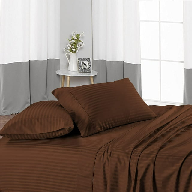 Cal-King Size 3 Piece Duvet Cover with 4 Piece Sheet Set - 7 Piece 100% Egyptian Cotton - Zipper Closure Quilt Cover with 14" Deep Pocket Fitted Sheet - 400TC Bedding - Chocolate Stripe.