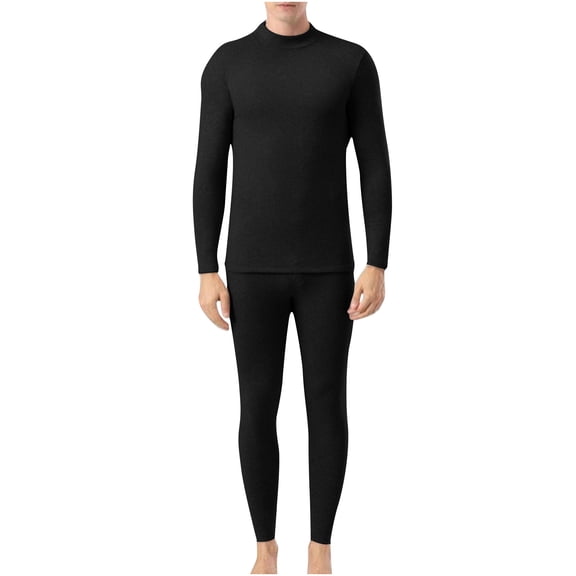 DeHolifer Men's 2 Piece Sets Warm Casual Solid Color Crewneck Long Sleeve Base Shirt and Pants Homewear Loungewear Sets Black L