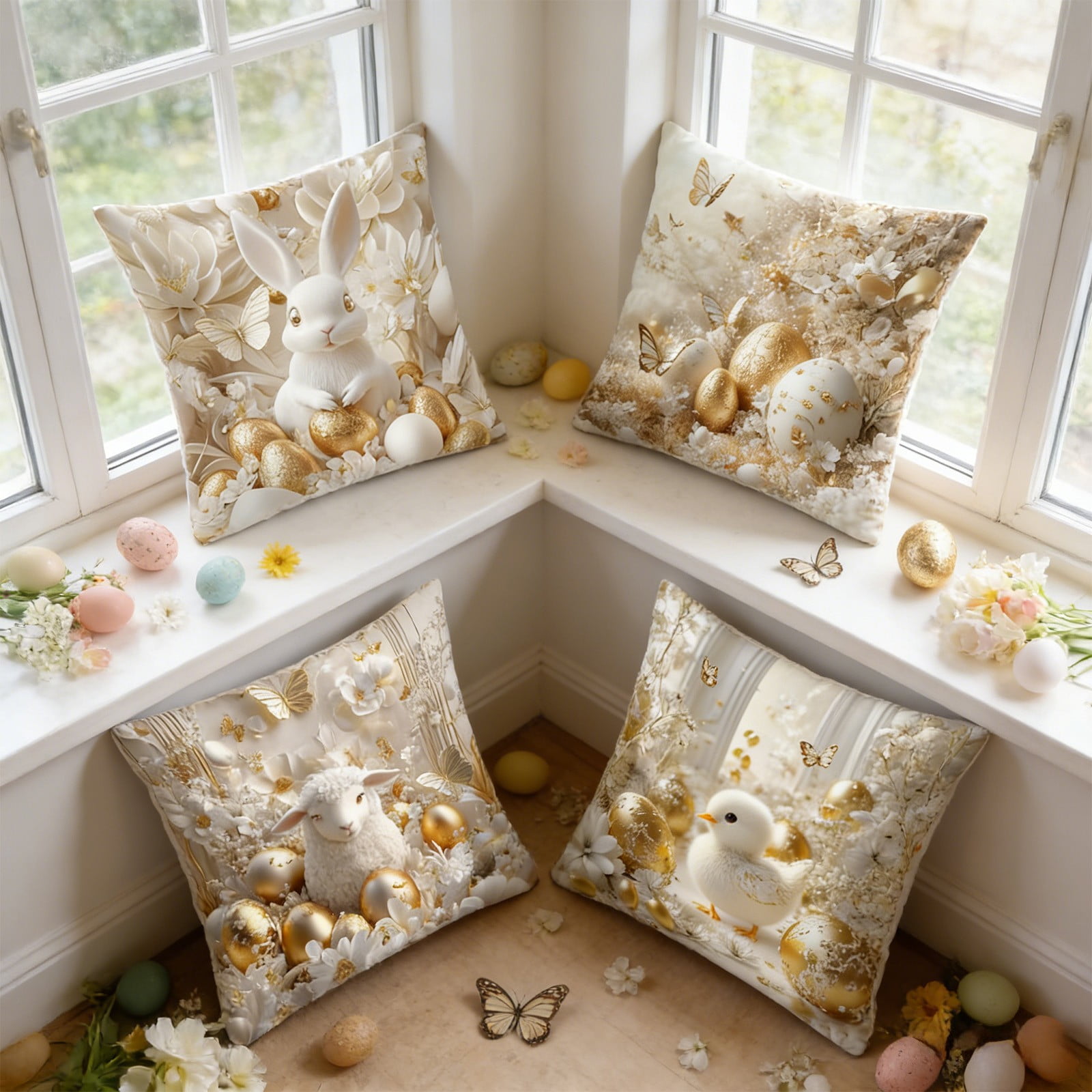 Easter Pillow Covers Set of 4, Bunny and Egg Pattern Spring Decorative Throw Pillow Covers 18x18 Inch for Sofa Couch Living Room, Soft Fabric Easy Care