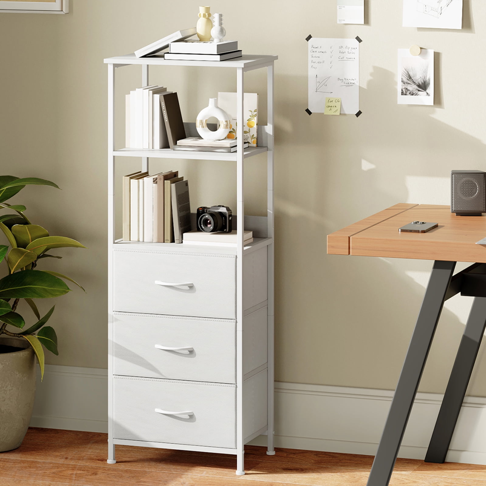 Eunos 6 Tier White Bookcase with Drawers, 3 Removable Drawer Ladder Bookshelf, Bedroom Study