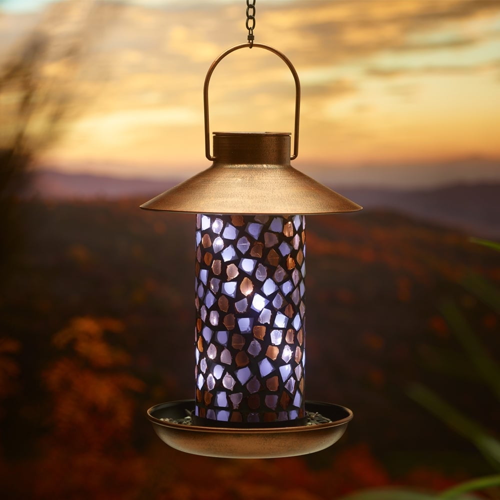 Smart Solar Adelie Mosaic Glass Bird Feeder with Solar Light Brown