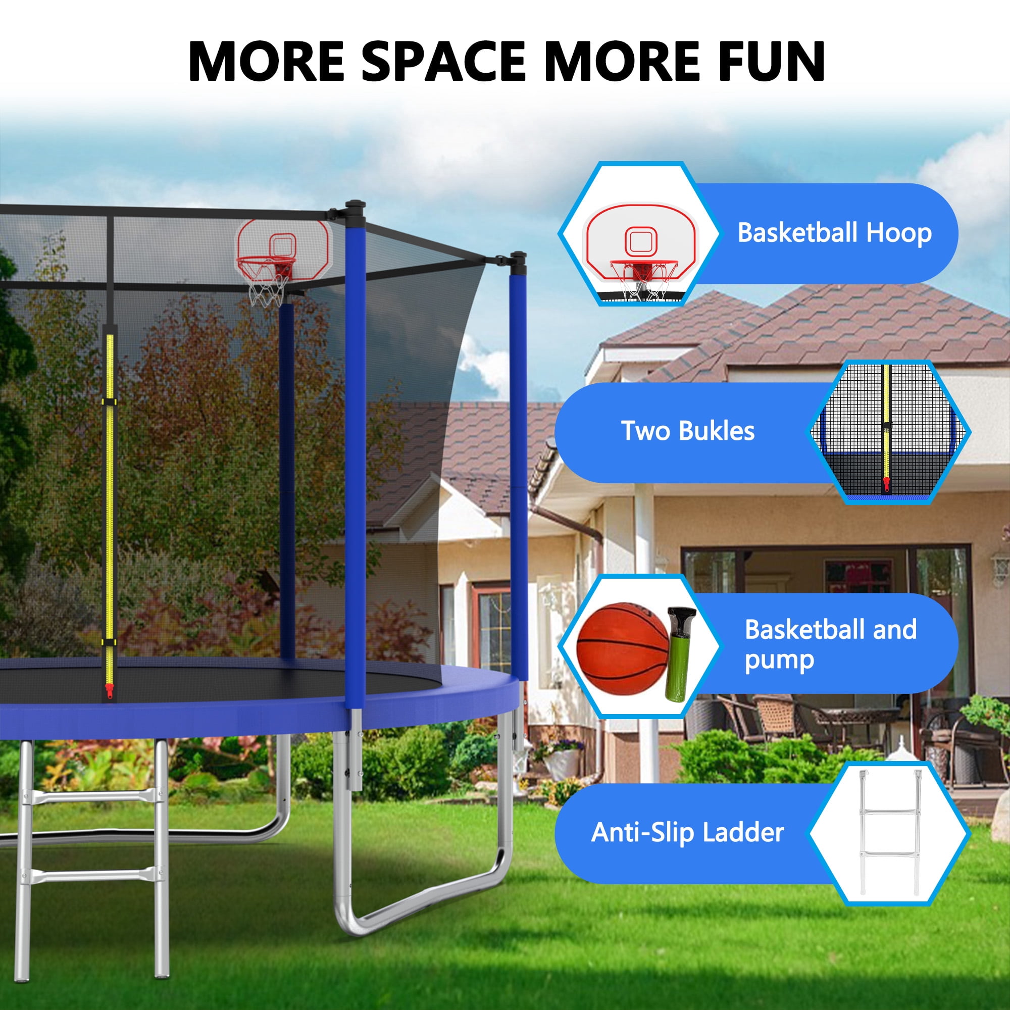 Yoneston 8FT Outdoor Trampoline with Basketball Hoop, 240LBS Round Trampoline with Ladder and Safety Enclosure for Kids and Adults in Backyard Garden, Blue