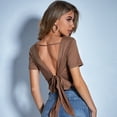 thumbnail image 5 of Camisetas cortas de manga corta sin espalda para mujer, cuello barco con lazo en la espalda, camisetas sólidas, 5 of 5