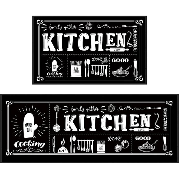 Kitchen Utensils Rugs Black Kitchen Mats for Floor 2 Piece, Anti Fatigue Floor Mat for Kitchen, Kitchen Floor Mats for in Front of Sink and Kitchen Matt for Standing for Kitchen Decor 17"X30" 17"X47"
