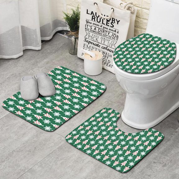Green Christmas Tree and Snowflake Pattern Bathroom Rugs Sets 3 Piece,Toilet Cover Set,Absorbent Non Slip Bathroom Mats Sets with U-Shaped Contour Rug Toilet Rug Set