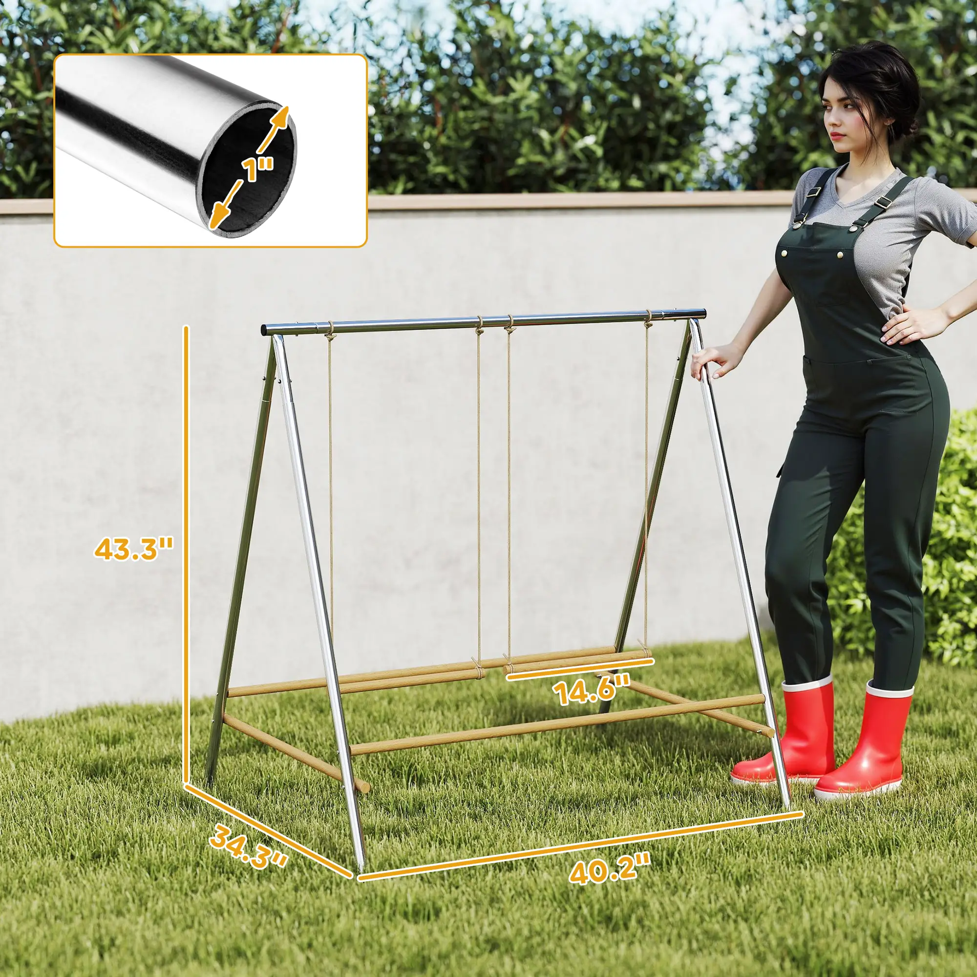 Freestanding Chicken Playground with 2 Adjustable Swings 4 Pine Wood Perches, Rust Proof Galvanized Steel Frame, Chicken Toy for 4-6 Chickens Yard Coop Run