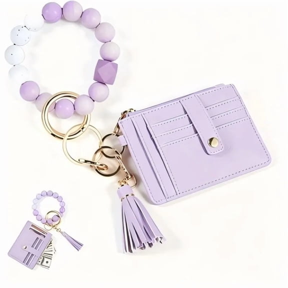 RFID Blocking Wallet Keychain Wristlet for Women, Slim Credit Card Holder with Tassel & Bangle Key Ring, Stylish & Portable Minimalist Purse Purple