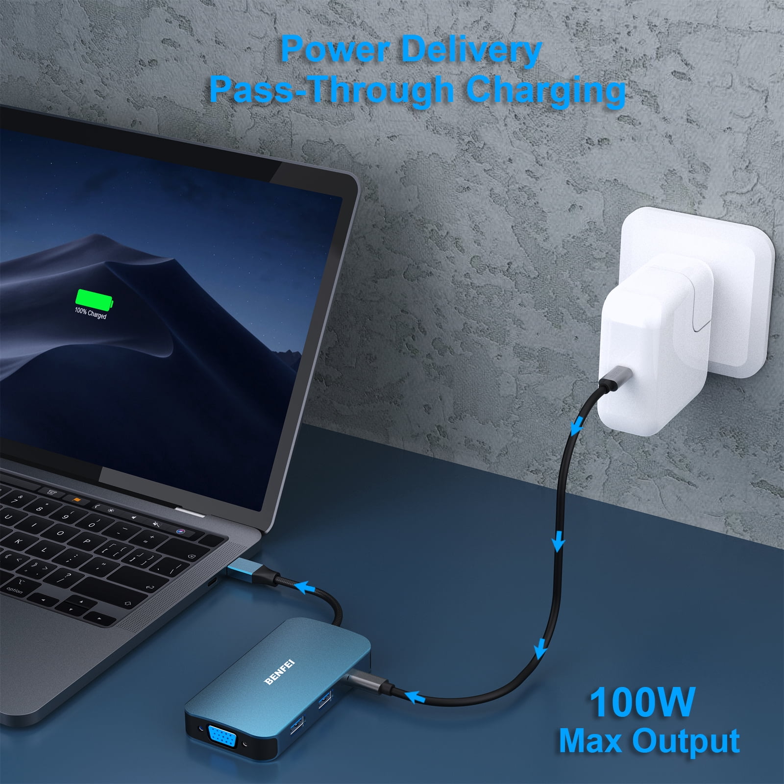 BENFEI USB C Docking Station, 8-in-1 USB C Hub with Triple Display Dual HDMI, VGA, 3*USB 3.0, 100W Power Delivery, 3.5mm AUX Audio Compatible with MacBook Pro, XPS and More