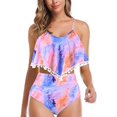 thumbnail image 1 of ZECATL Women High Waisted Bikini Ruffle Swimsuit Flounce Pom Pom Trim Two Piece Bathing Suit Purple&orange (M, 1 of 8
