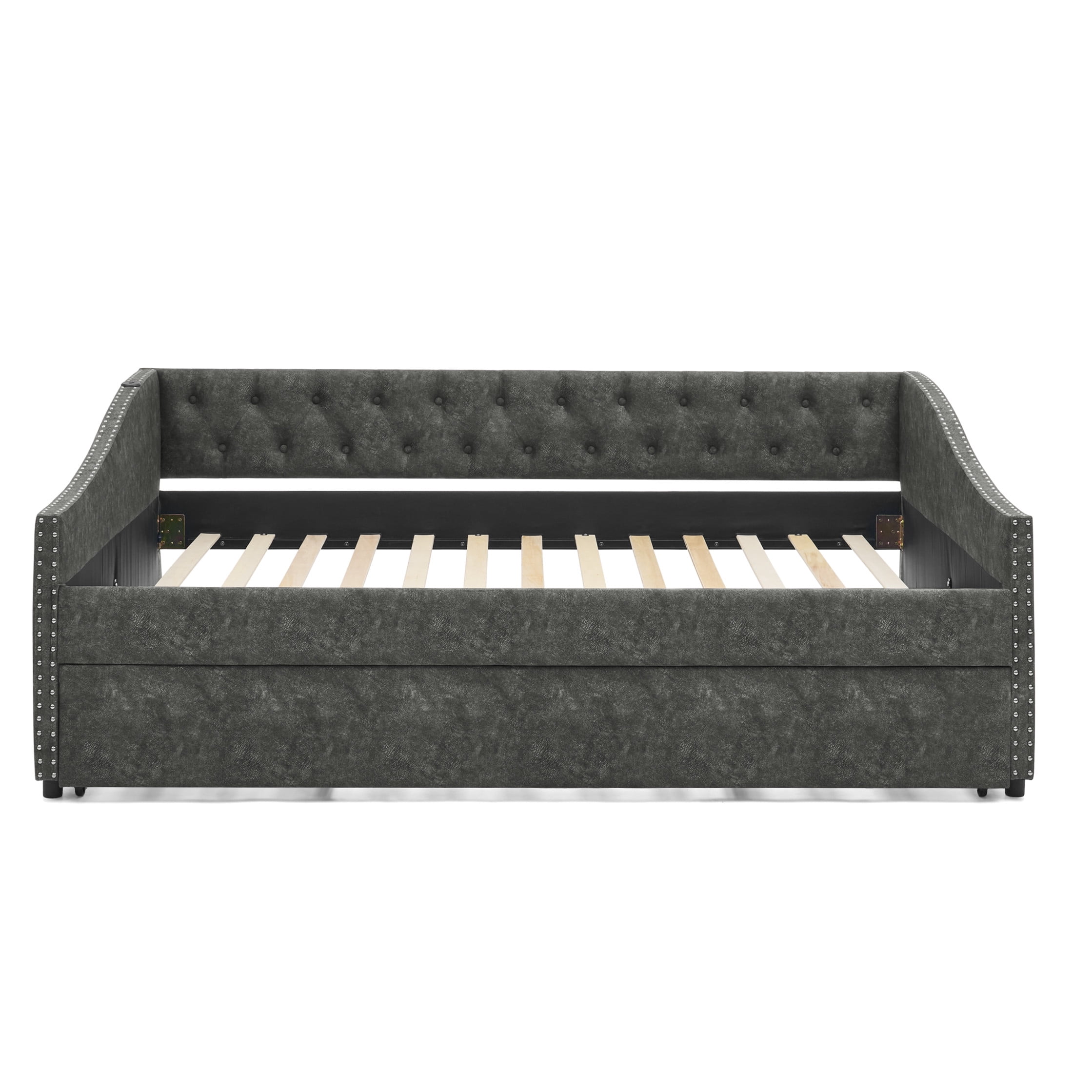 Noble House Liza Full Size Upholstered Tufted Daybed, Extendable Pull-out Double Bed Frame with Charging Port, Grey