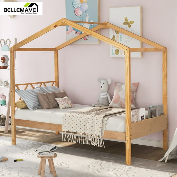 Bellemave Twin Wood House Bed Frame with Headboard, Footboard, and