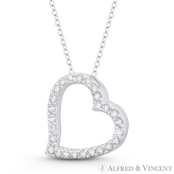 Sideways-Heart Charm CZ Crystal Pave Sliding Pendant & Chain Necklace in .925 Sterling Silver