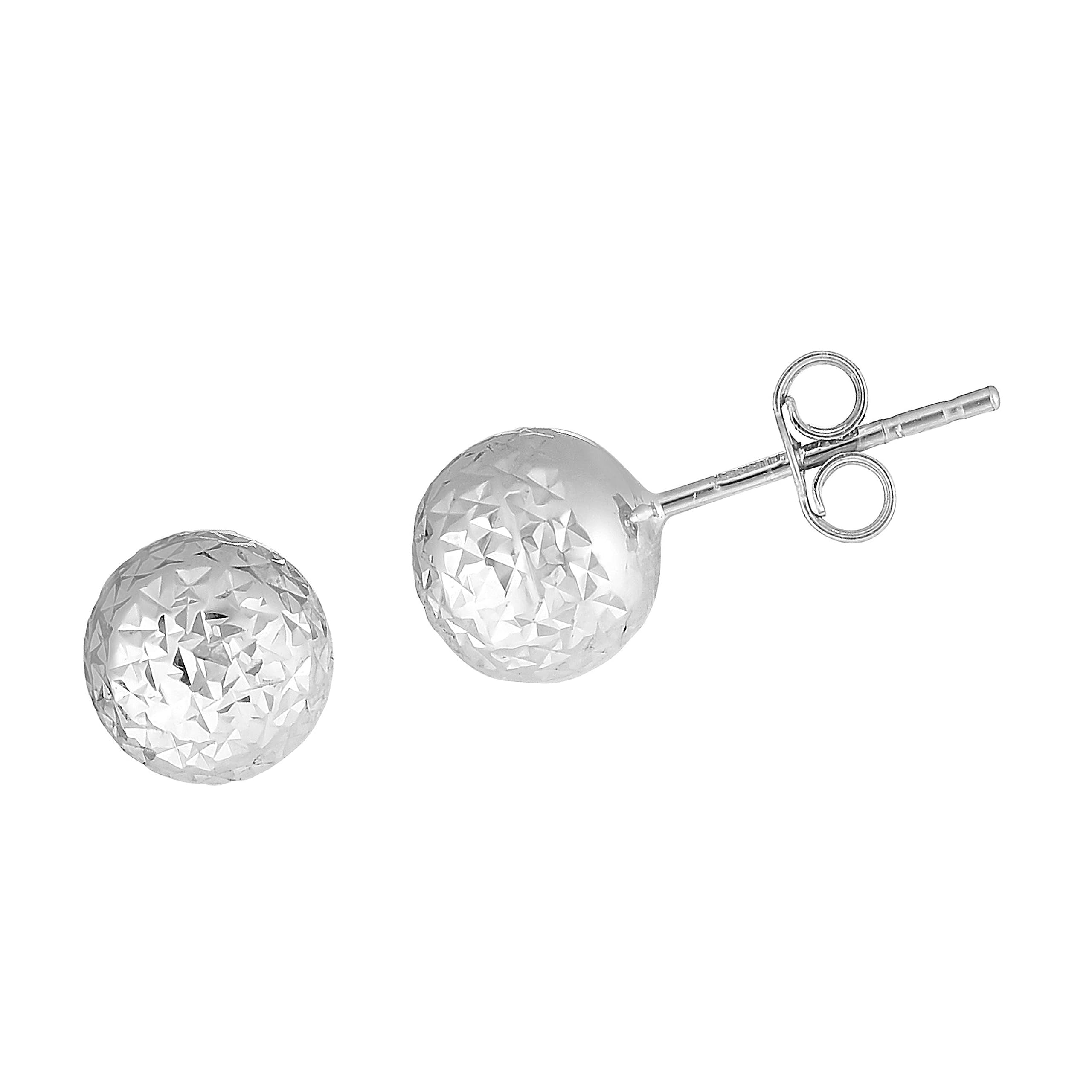 JewelStop 14K White Gold 7mm Ball Stud Earrings with Diamond Cut Textured Finish and Push Back Clasp