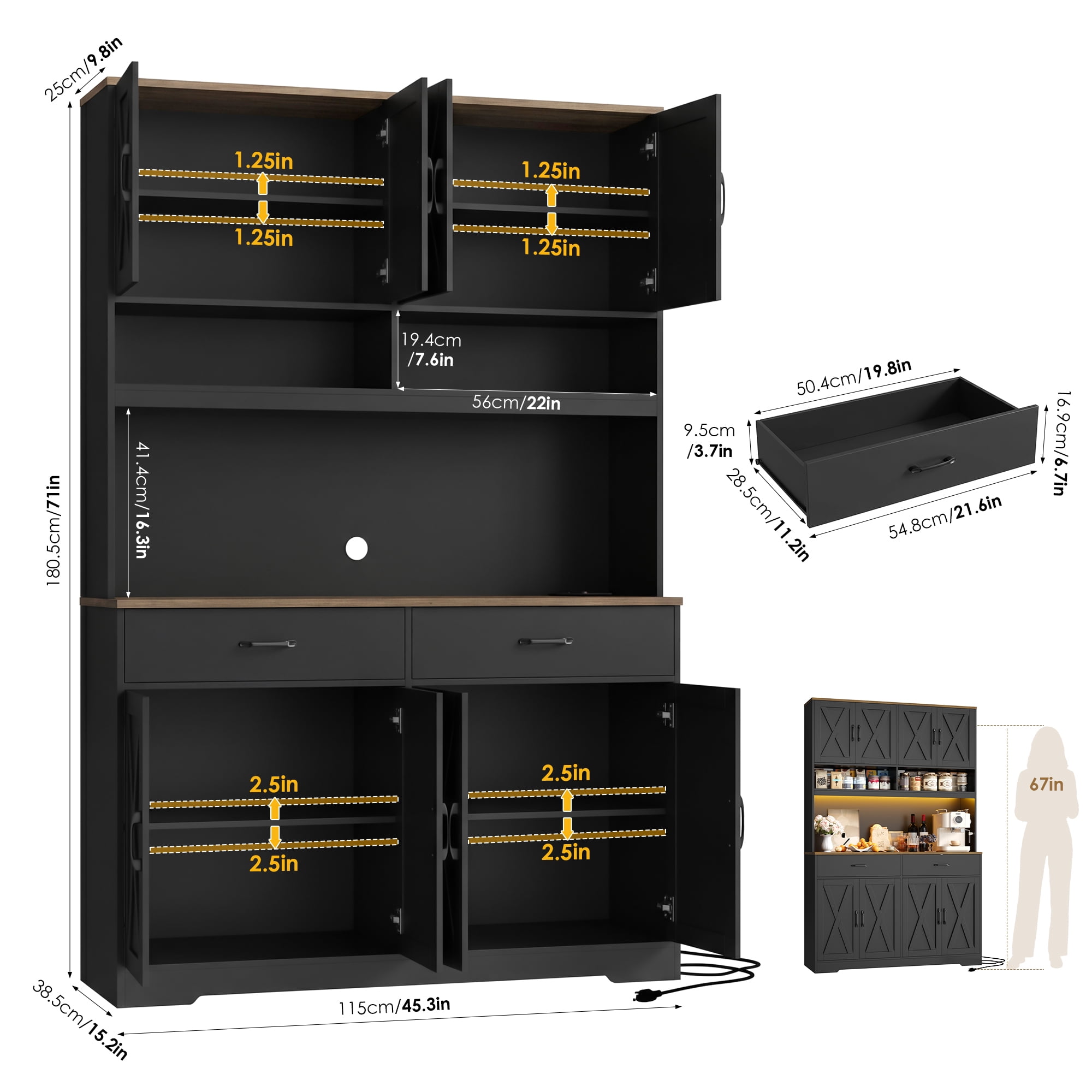 Hiphuta Farmhouse Kitchen Pantry Storage Cabinet, 75”H Freestanding Hutch with 8 Doors and 2 Drawers for Dining and Living Room, Black