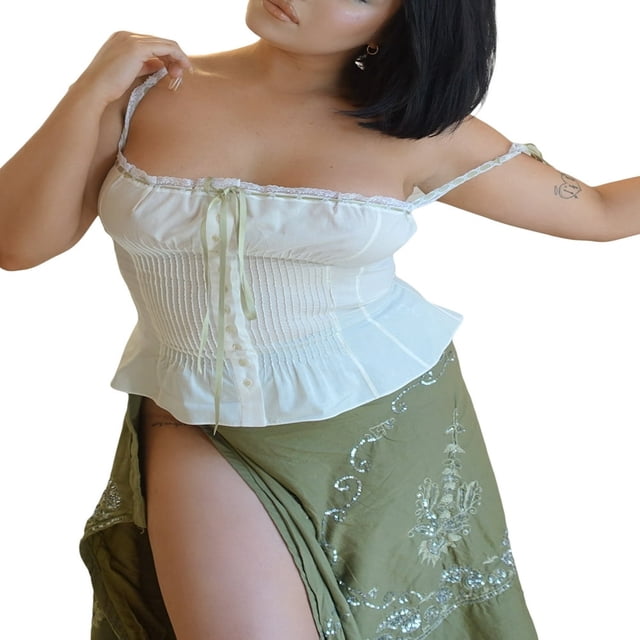 Women Y2k Fairycore Suspender Ruffled Hem Vest Tops E-Girl 2000s Tie-up Sling Ruched Square Neck Crop Camis Tops