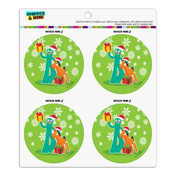 Gumby and Pokey Exchanging Gifts For Christmas Refrigerator Fridge Locker Vinyl Circle Magnet Set