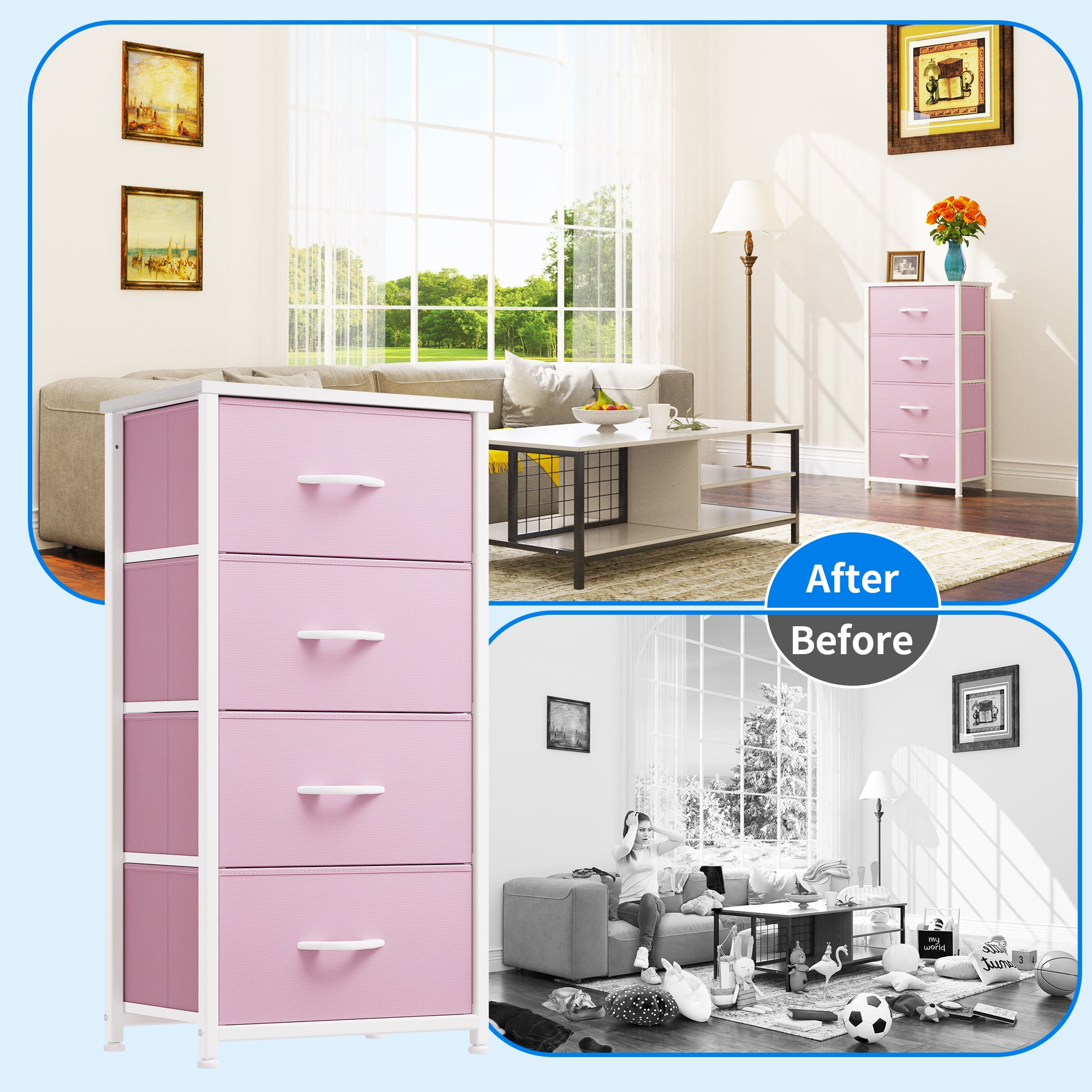 Uforic Pink 4-Drawer Fabric Dresser, Storage Organizer for Bedroom & Nursery, for Kids & Adults