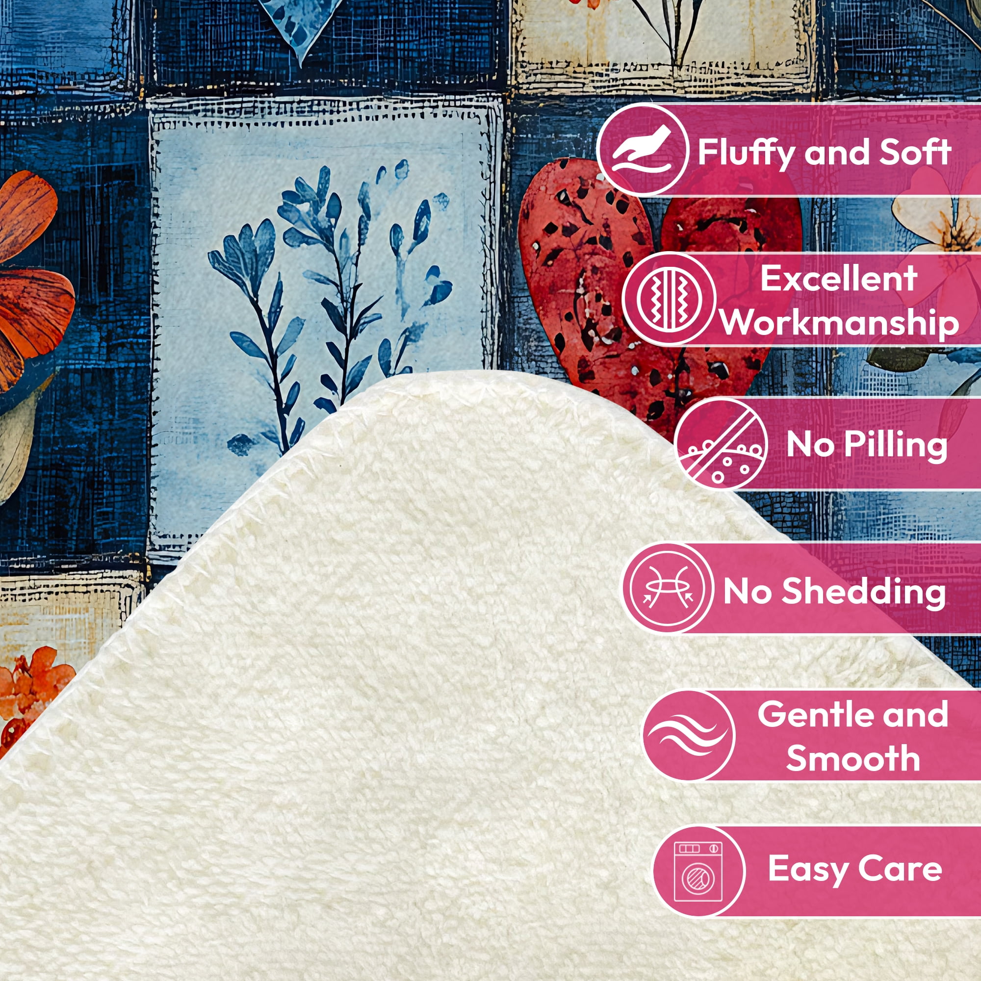 Sherpa Fleece Twin Blanket 60"x80" Reversible Plush Fluffy Blanket, Double-Layer Super Soft Flannel Blanket for Sofa, Couch, Bed, Patchwork Floral & Heart Pattern